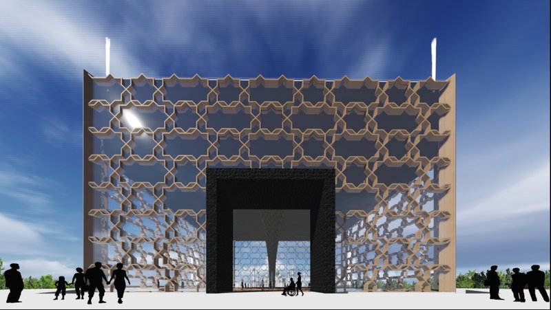 Front elevation of the Glass Pavilion, featuring the geometric jali façade and monumental entrance portal.