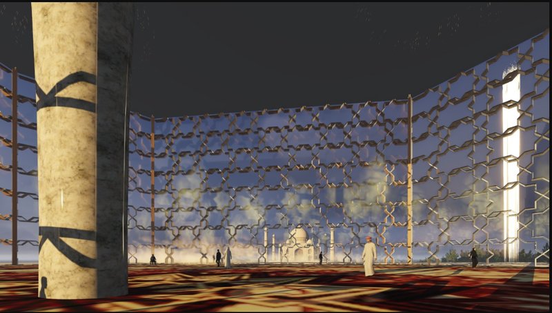 Interior view revealing the illuminated lattice structure framing a distant view of the Taj Mahal.