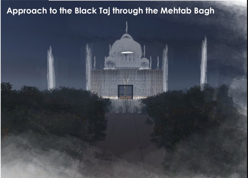 Approach to the Black Taj through Mehtab Bagh — the phantom emerges through mist and light.