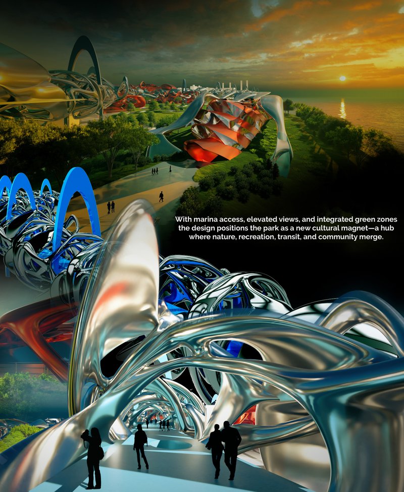 A dynamic urban park along Manhattan’s East River integrates green corridors, marina access, and cultural spaces within a resilient waterfront network.