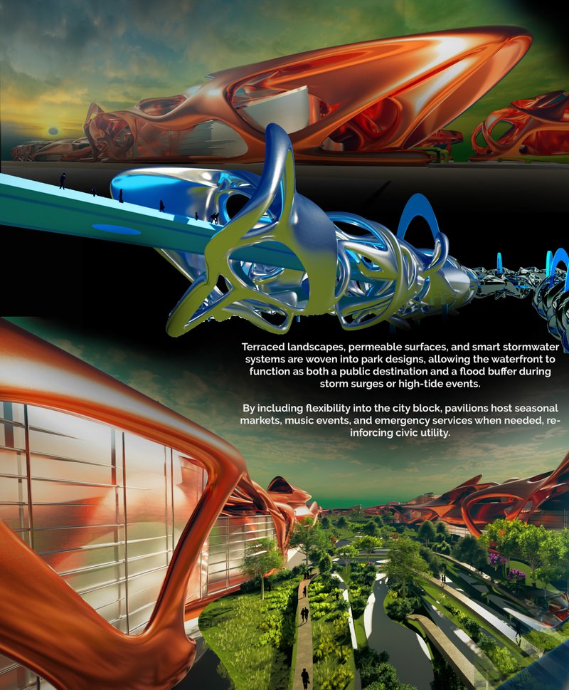 Terraced landscapes and fluid architectural forms merge stormwater management with recreation, transforming flood buffers into vibrant civic terrains.