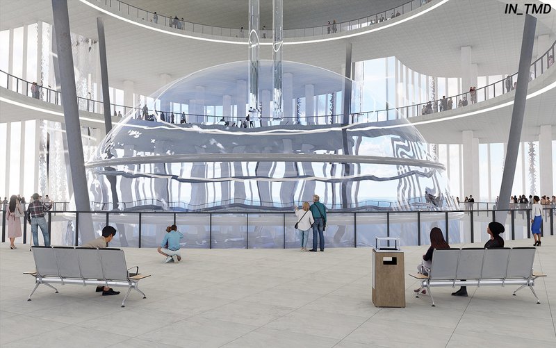 Inside the tower’s core, the Tuned Mass Damper doubles as a transparent water reservoir — a visual and structural centerpiece of the sustainable design.