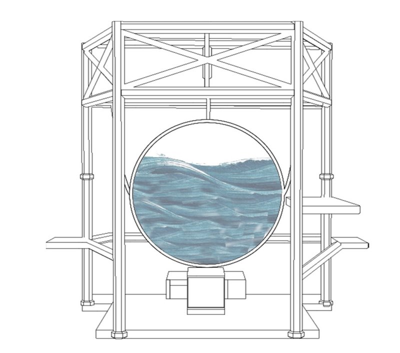 A detailed diagram showing how the Tuned Mass Damper integrates with a rainwater reservoir to stabilize the structure and support sustainable water flow.