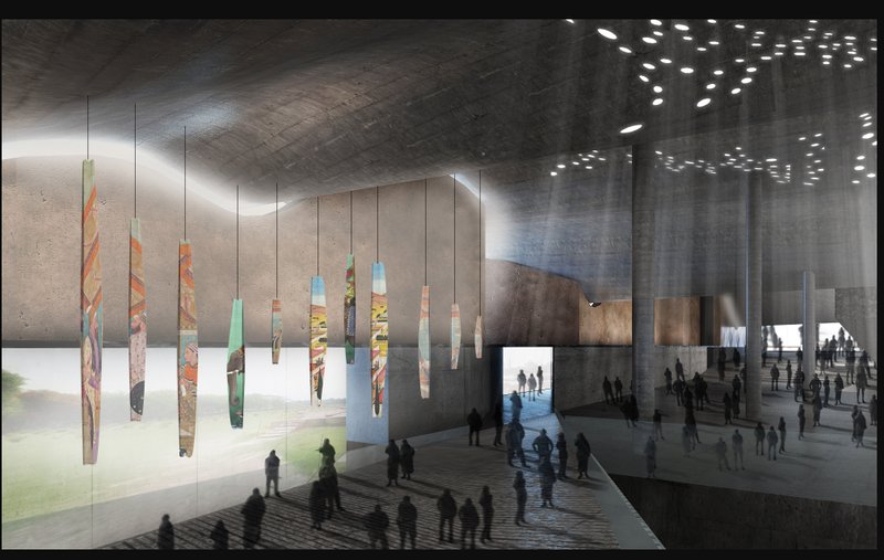 Sunlight filters through perforations above, illuminating suspended sculptural elements inspired by Mughal art and heritage.