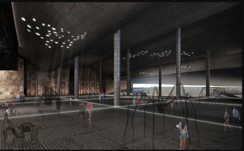 Expansive subterranean hall where structure, shadow, and light intersect—inviting public movement beneath monumental vaults.