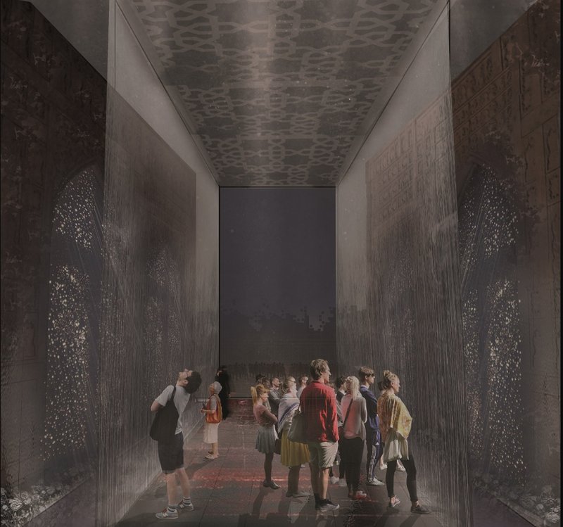 Narrow gallery corridor with perforated wall panels and patterned ceiling as visitors gather below