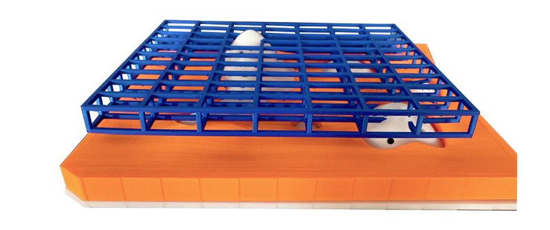 A physical model illustrating the interplay between the sculpted landform and the steel structural grid — a tangible expression of topographic design.