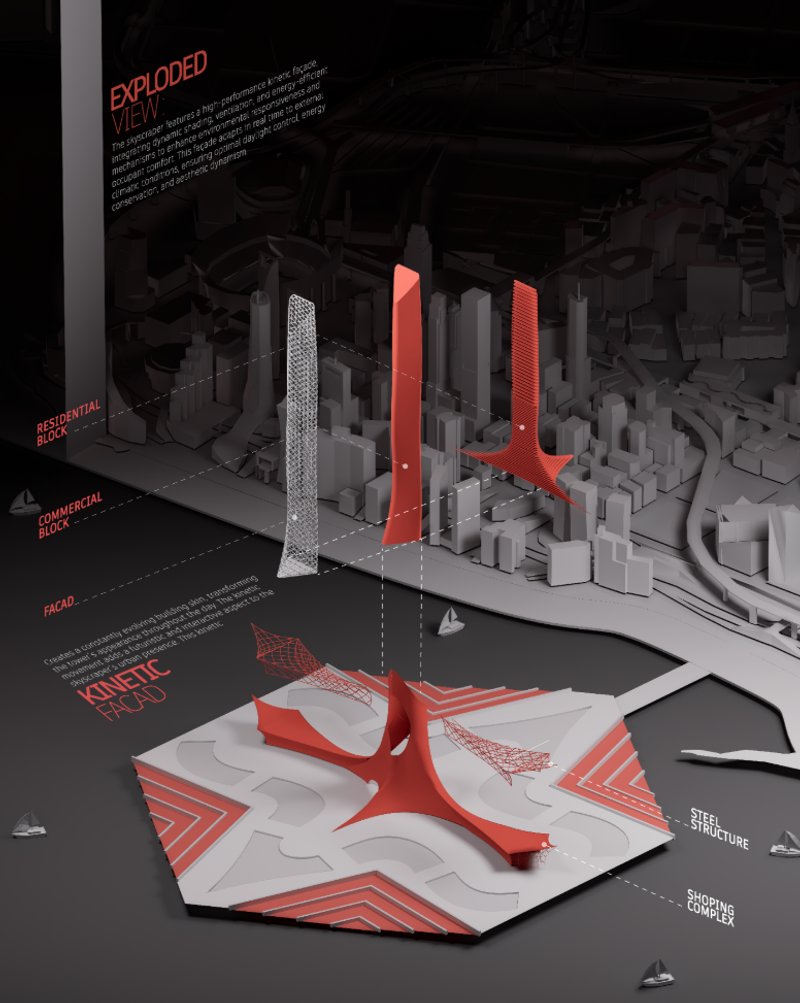 Visual breakdown showing Eternal-AX06’s structural core, kinetic façade system, and interconnected urban layers.