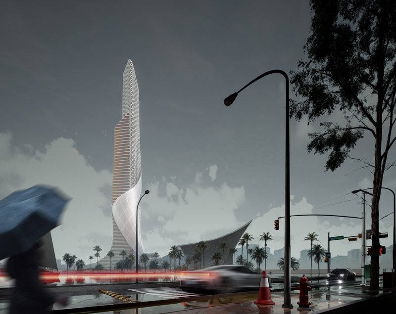 View from the street highlighting the tower’s twisting kinetic façade and its dialogue with the urban landscape.