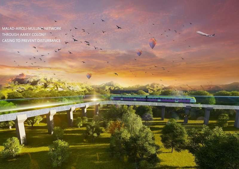 Elevated rail line through Aarey Colony designed with enclosed casing to minimize vibration and environmental disturbance.