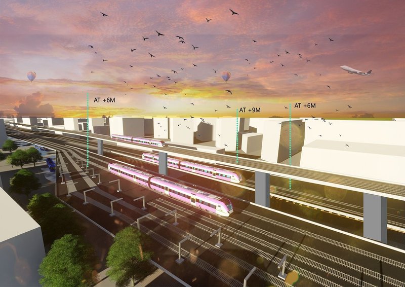 Visualization of the three-tiered transport system with slow and fast train levels at +6m and +9m, reducing congestion and noise.