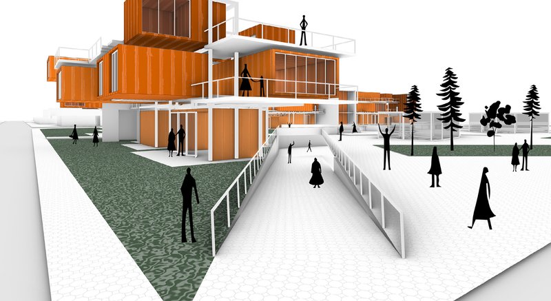Layered circulation paths connect modular housing and green terraces, blending public and private domains in a continuous urban-ecological flow.