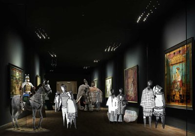 This image depicts the interior of a museum or art gallery, characterized by a dark ambiance and foc