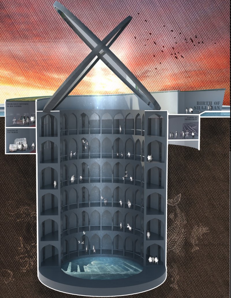 A sectional view showing the vertical descent through the emperor’s timeline — where each level narrates a different chapter of his life.