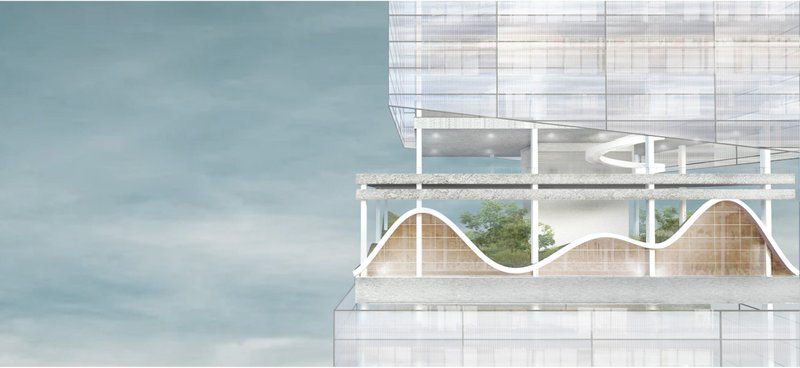 Mid-tower terraces reveal hydro and bio layers designed to recycle air, water, and energy, forming a living ecosystem within vertical architecture.
