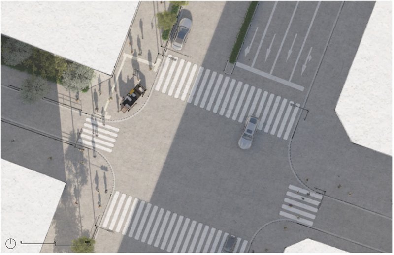Top view highlighting how the installation merges with urban movement and crosswalk geometry.