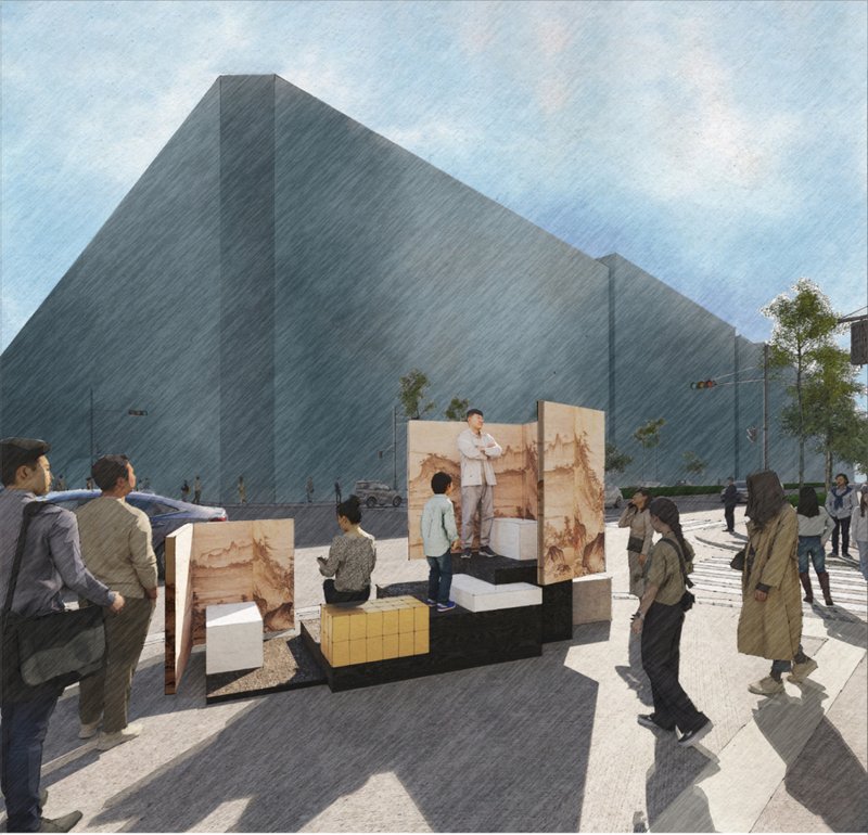 Street-level perspective capturing interaction and curiosity around the public installation.