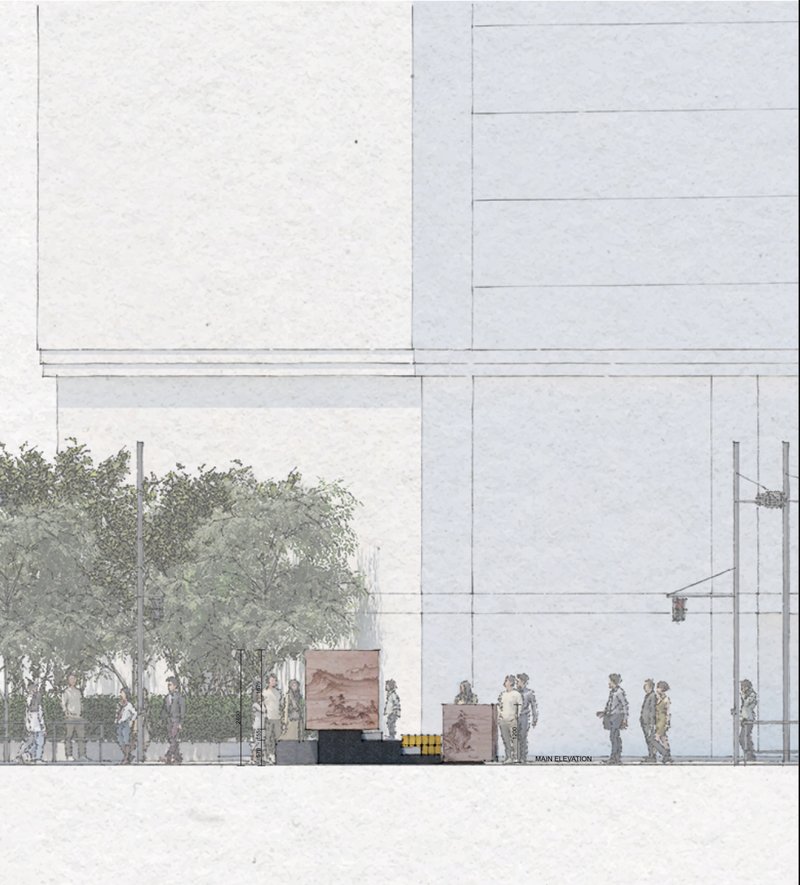 A detailed elevation illustrating the installation’s scale, material layering, and interaction with the surrounding urban context.