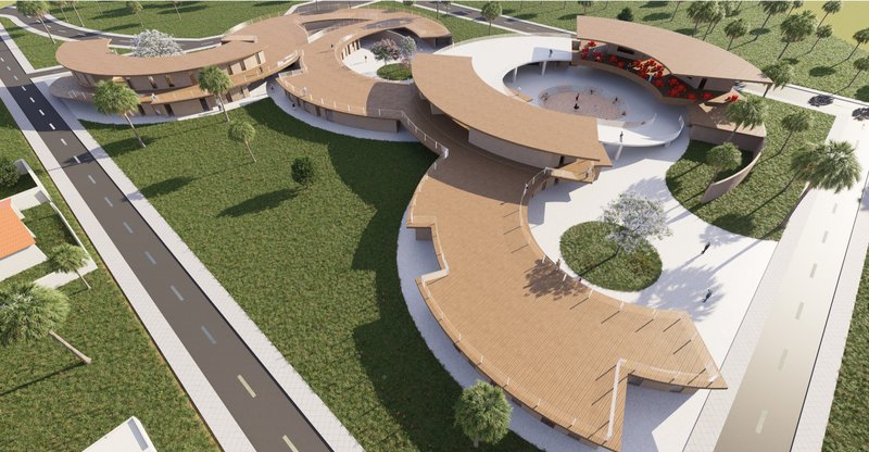 A sweeping aerial view showcasing the fluid circular layout that defines Kinesis’ sustainable architecture design.