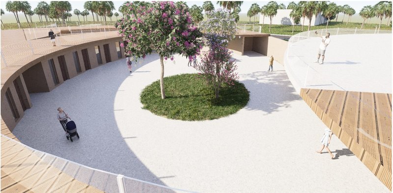 The central courtyard integrates nature and architecture, inviting interaction under the canopy of native trees.