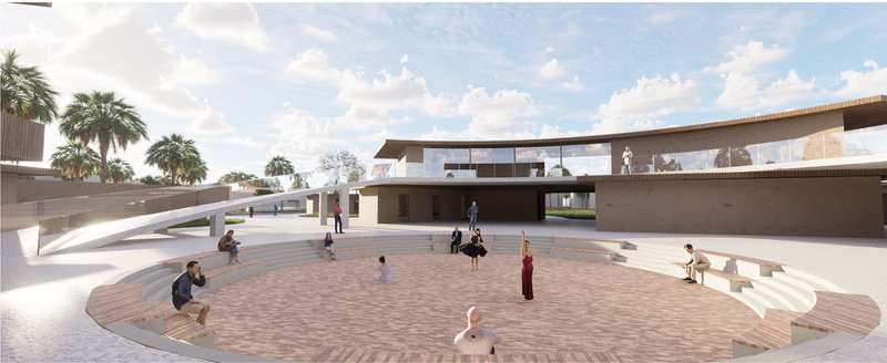 A multifunctional amphitheater forms the heart of the eco-village — blending performance, gathering, and movement.