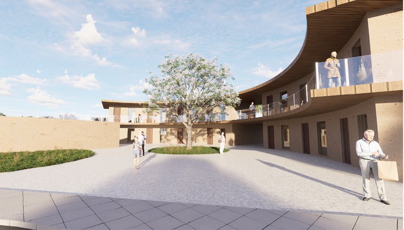 Curved façades embrace open courtyards, enhancing airflow, daylight, and community connection within the eco-village.