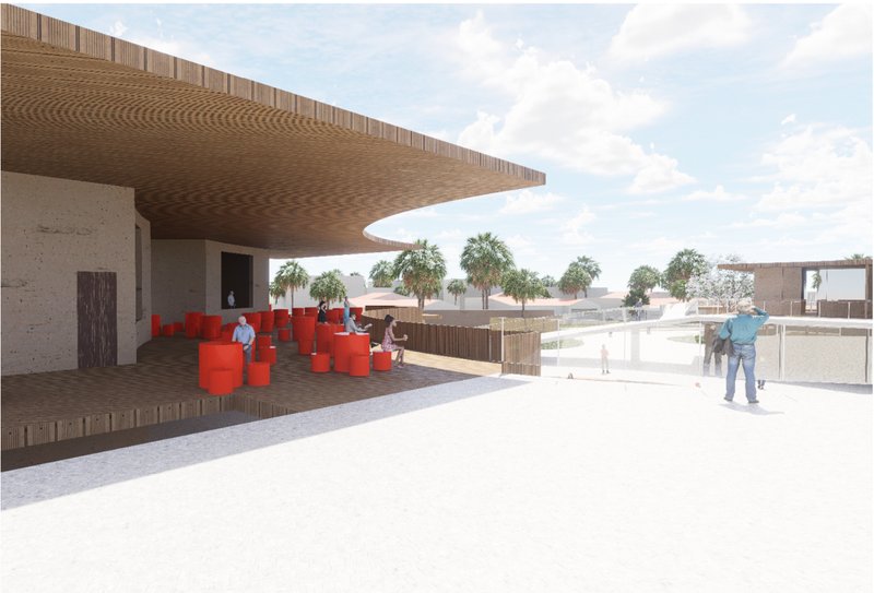 An open café space designed with local materials offers shaded leisure and panoramic views across the site.