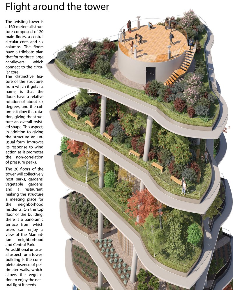 Terraced green levels with gardens, walkways, and social spaces create a vertical park for the community.