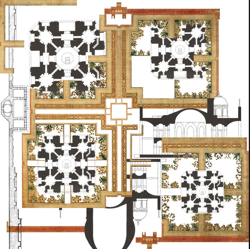 Axonometric plan merging Mughal garden geometry and Indo-Islamic spatial principles, revealing the harmony between structure and nature.