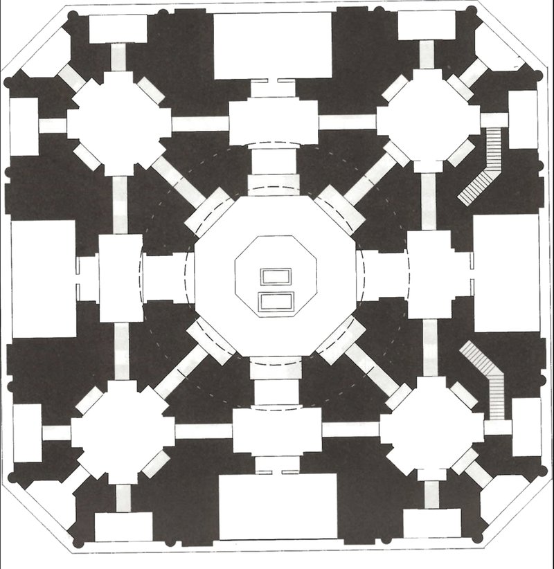 Analytical plan isolating the mausoleum’s core geometry to expose the proportional and symmetrical order of Indo-Islamic design.
