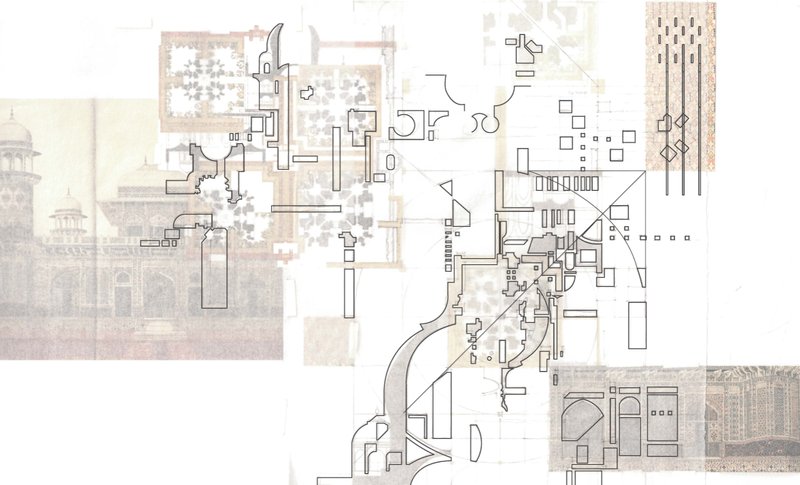 Conceptual overlay tracing cultural and architectural fragments, blending historic elevations with reinterpreted plans.