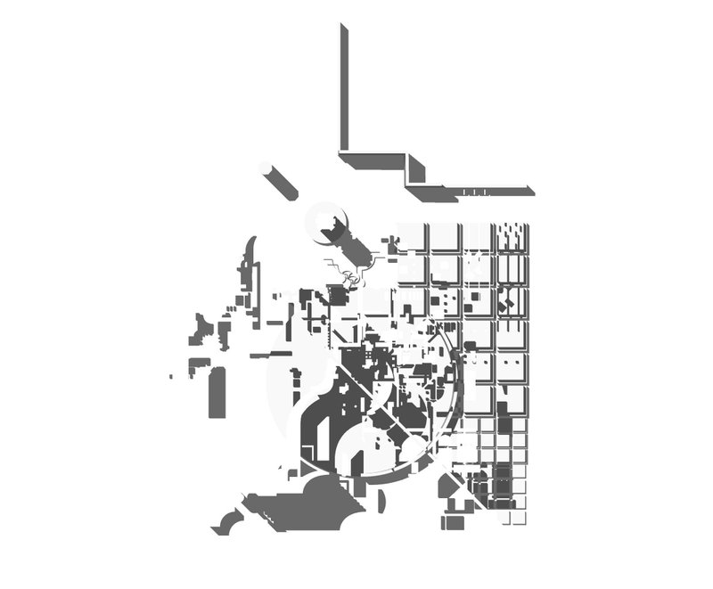 Grayscale mapping translating deconstructed elements into an urban fabric that explores fragmentation and cohesion.