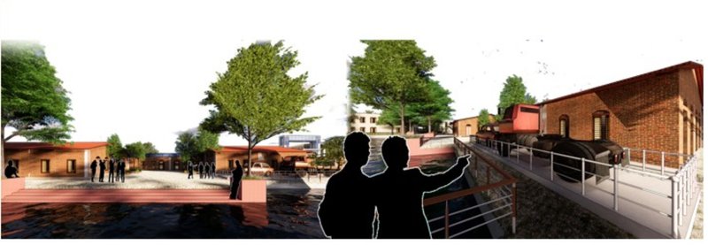 A public plaza integrating preserved machinery with new gathering spaces, celebrating industrial heritage through adaptive reuse.