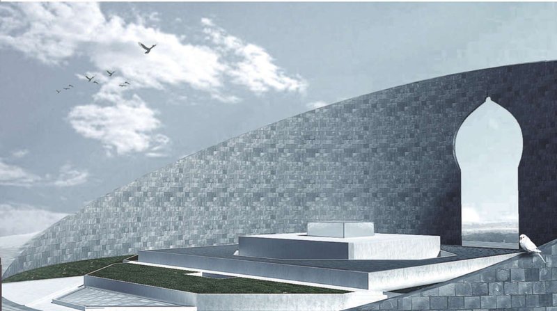 Textured masonry wall punctured by an arched opening with birds flying overhead in cloudy sky
