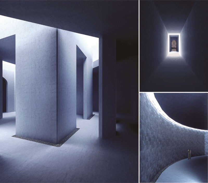 Interior corridor with tall concrete walls and concealed lighting along the ceiling edges