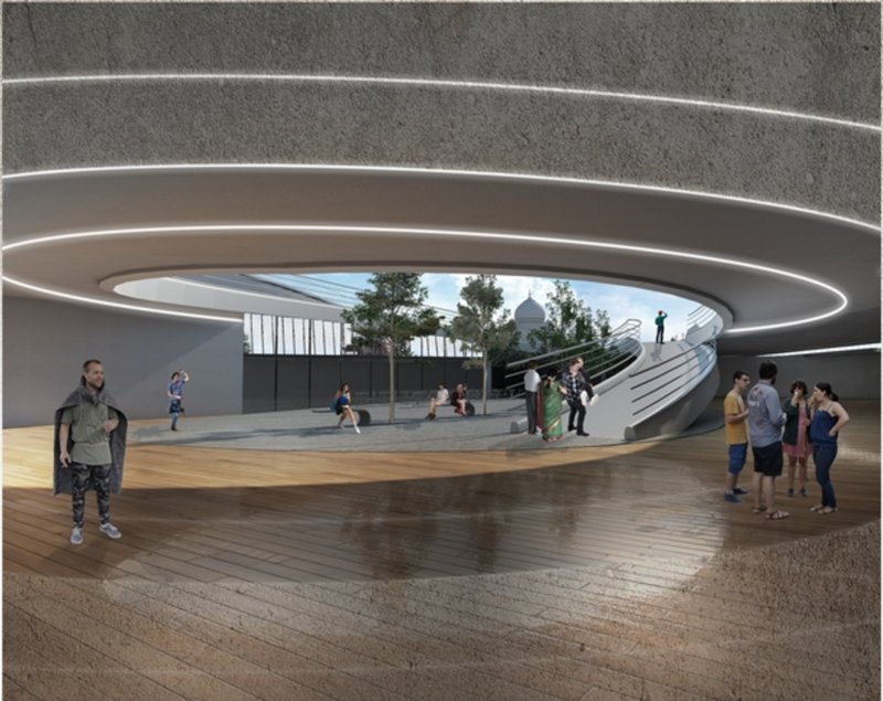 A circular courtyard invites people to gather beneath a futuristic canopy, linking community and heritage.