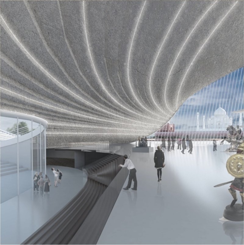 Dynamic ceiling waves and soft illumination create an immersive interior, symbolizing the flow of time.