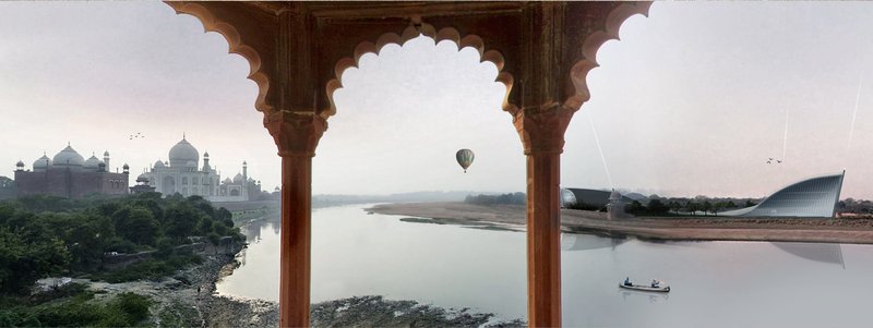 Seen through Mughal arches, the Taj Mahal and its contemporary twin coexist as two epochs of architectural memory.