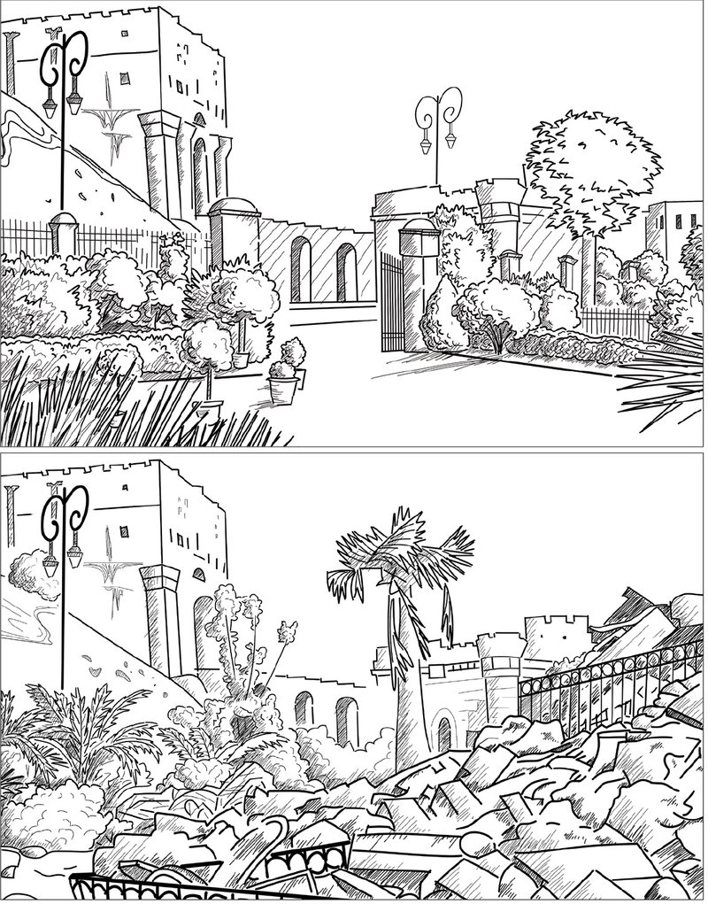 Illustrations capture the city’s transition from vibrant heritage to war-torn ruins—an appeal for renewal.