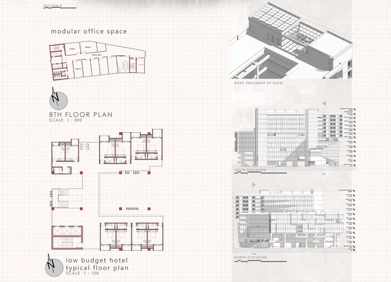Modular office spaces and a low-budget hotel reflect flexibility and accessibility, redefining affordable work and stay in urban architecture.
