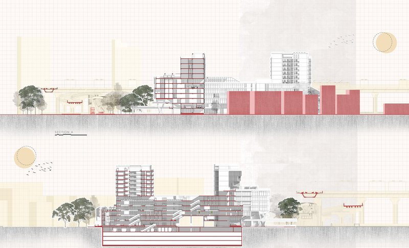 Detailed sectional drawings reveal Farmview’s spatial layering, light-filled atriums, and vertical public spaces within its urban context.