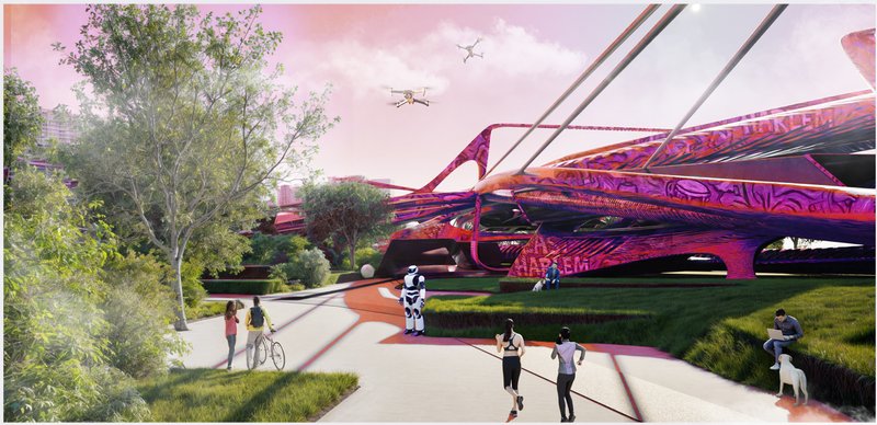 A pedestrian-level perspective where technology, nature, and architecture merge — residents, robots, and drones coexist within regenerated public landscapes.