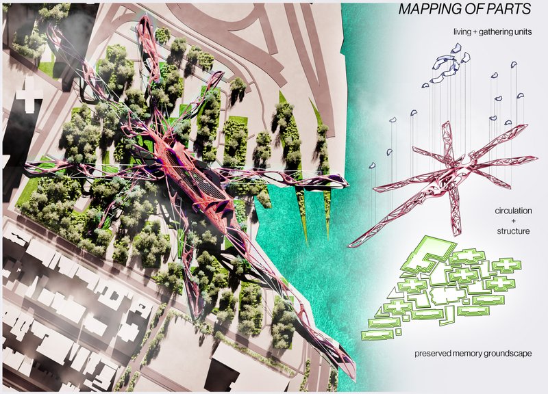 An aerial view showing Harlem Ustopia’s branching spatial network — linking preserved memory grounds with new modular living and circulation systems.