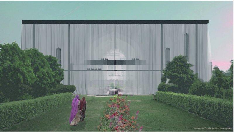 The veil-like façade filters views of the Taj Mahal through translucent curtains.