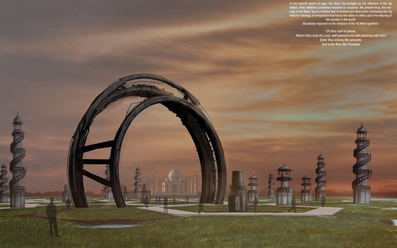The colossal iron arch rises from the Mughal landscape, framing the Taj Mahal through a lens of destruction and remembrance.