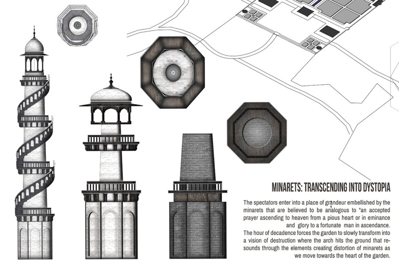 Distorted minarets spiral toward the heavens, transforming the sacred language of prayer into an architectural lament.