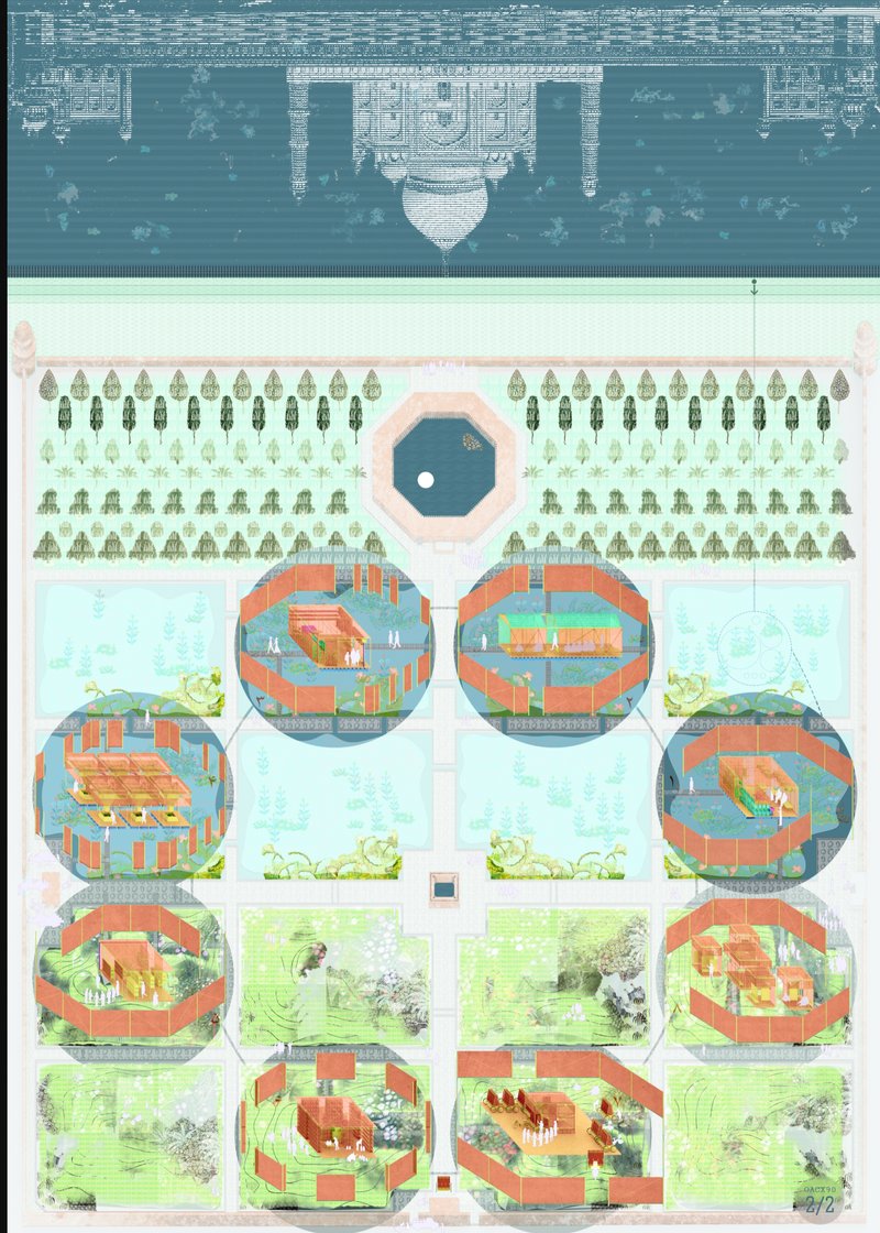 A reimagined Mughal Charbagh where water treatment pavilions and gardens coexist, forming a rhythmic pattern of purification and renewal.