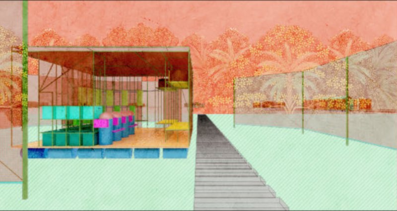 A modular unit filtering water through layers of sand, gravel, and vegetation—architecture performing as landscape.