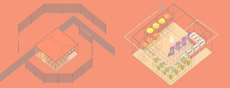 Axonometric drawing showing the structural grid and filtration layout that guides the flow of water and light.