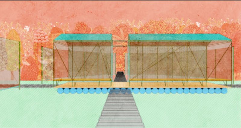 Twin translucent structures filtering wastewater through aeration tanks—floating above the ground like living machines.